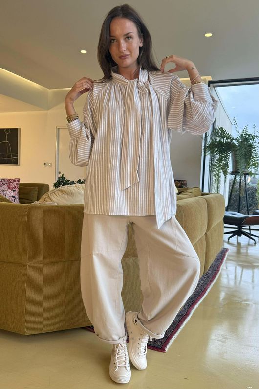 Nantucket Stripe Tie Neck Blouse Stone